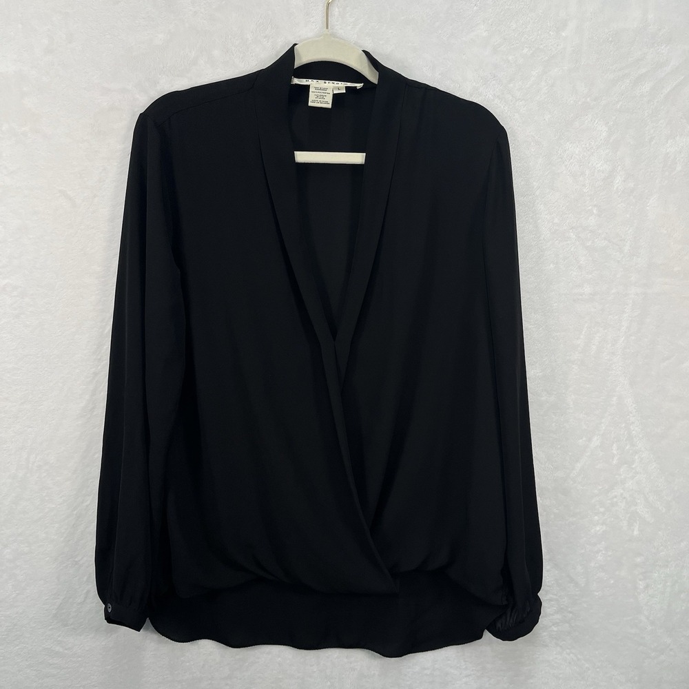 Max Studio Faux‎ Wrap Dress Shirt Womens Large Black Professional Career Work